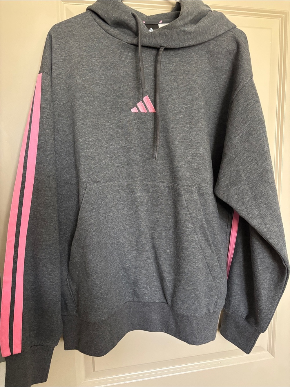 Men’s Adidas Gray Hoodie with Pink Stripes